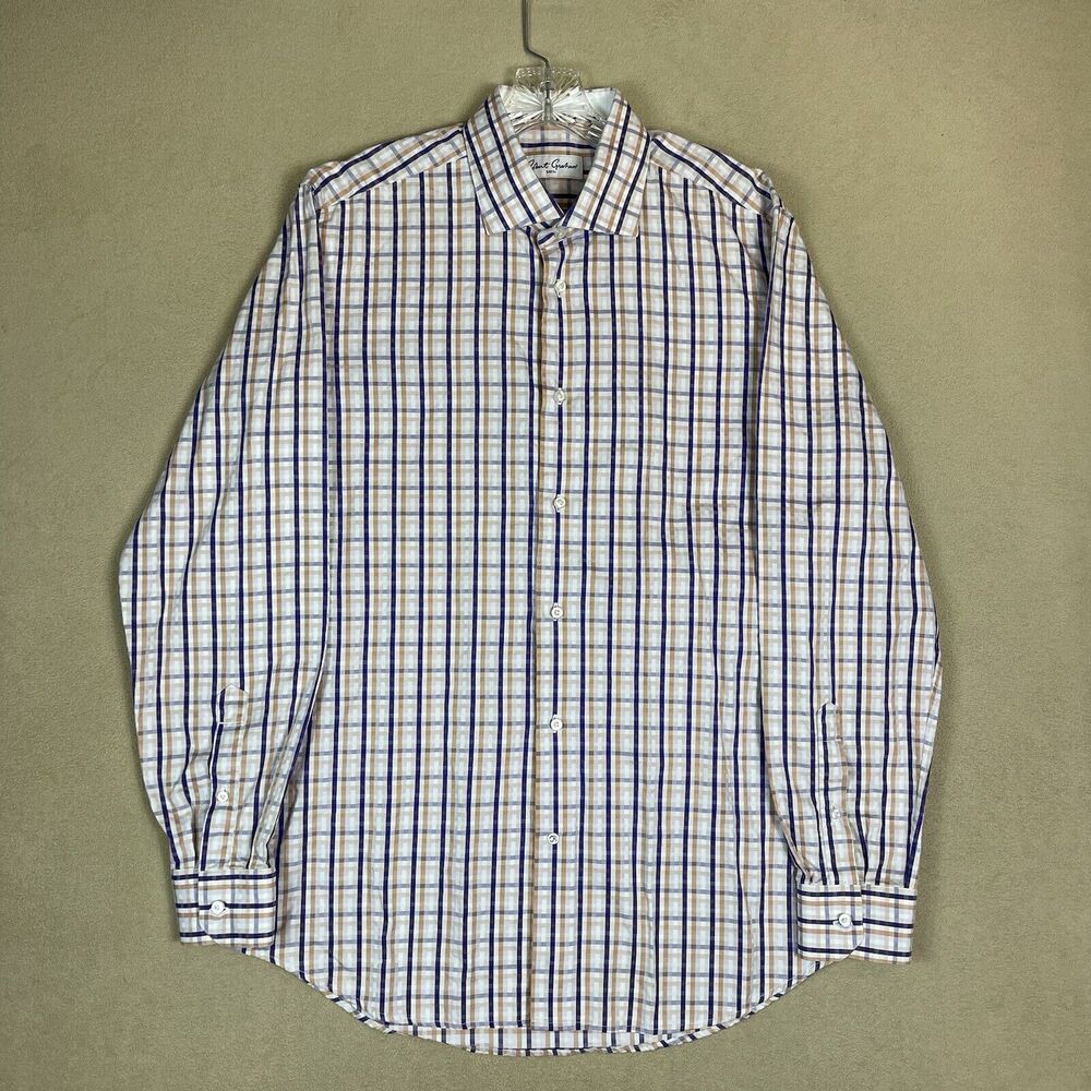 Robert Graham Shirt Mens 16.5 White Plaid Long Sleeve Regular Fit Cotton